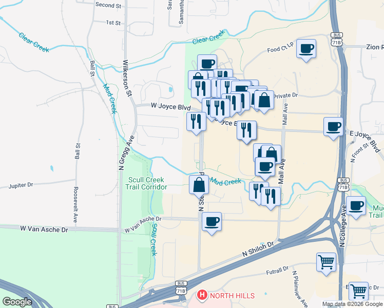 map of restaurants, bars, coffee shops, grocery stores, and more near 3889 North Steele Boulevard in Fayetteville