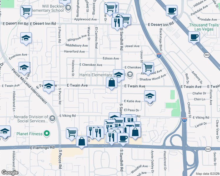 map of restaurants, bars, coffee shops, grocery stores, and more near 3736 Colonial Drive in Las Vegas