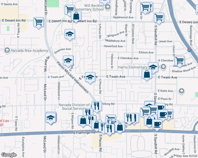 map of restaurants, bars, coffee shops, grocery stores, and more near 3392 South Pecos Road in Las Vegas