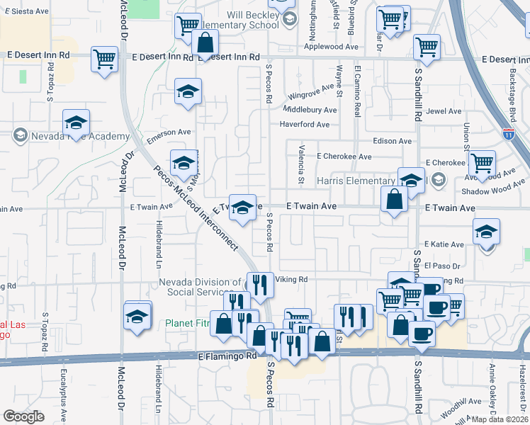map of restaurants, bars, coffee shops, grocery stores, and more near 3392 South Pecos Road in Las Vegas