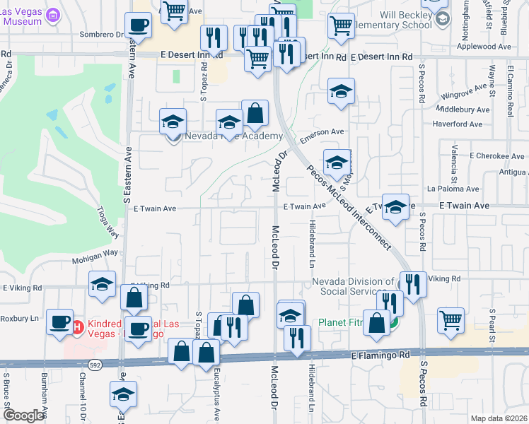 map of restaurants, bars, coffee shops, grocery stores, and more near 3741 McLeod Drive in Las Vegas