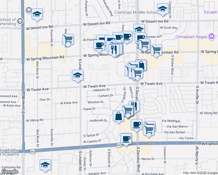 map of restaurants, bars, coffee shops, grocery stores, and more near 5176 Cartaro Drive in Las Vegas