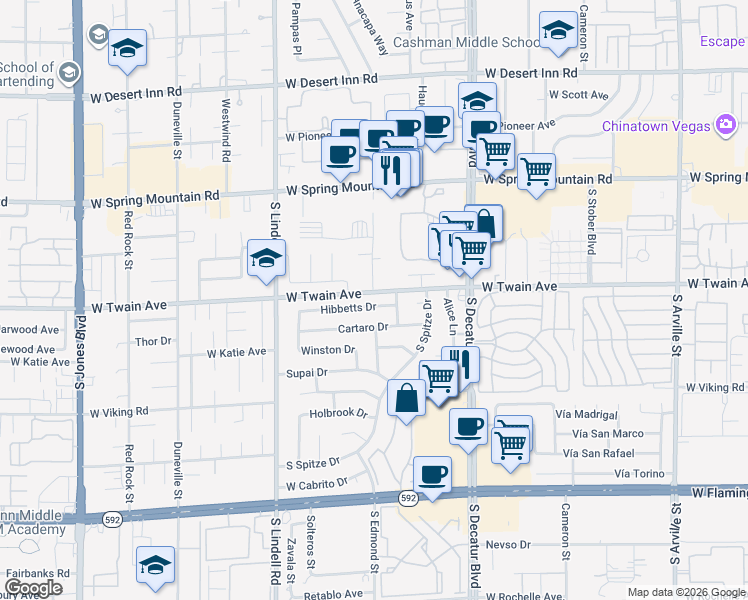 map of restaurants, bars, coffee shops, grocery stores, and more near 5176 Cartaro Drive in Las Vegas