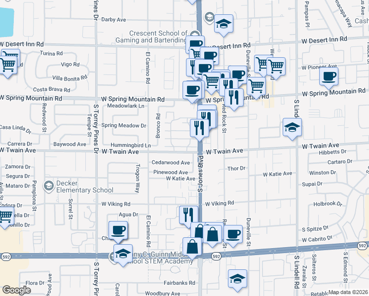 map of restaurants, bars, coffee shops, grocery stores, and more near 6191 West Twain Avenue in Las Vegas