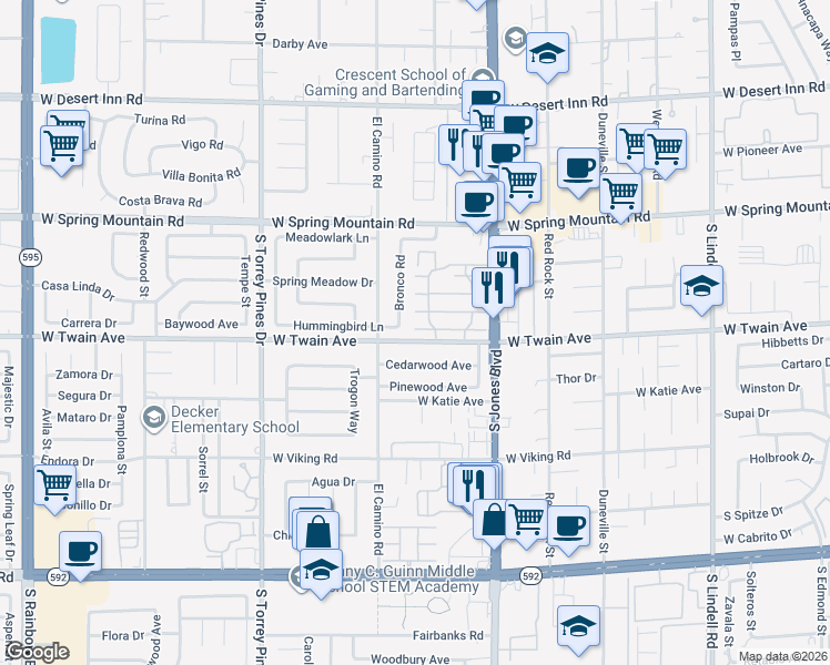 map of restaurants, bars, coffee shops, grocery stores, and more near 6263 West Twain Avenue in Las Vegas