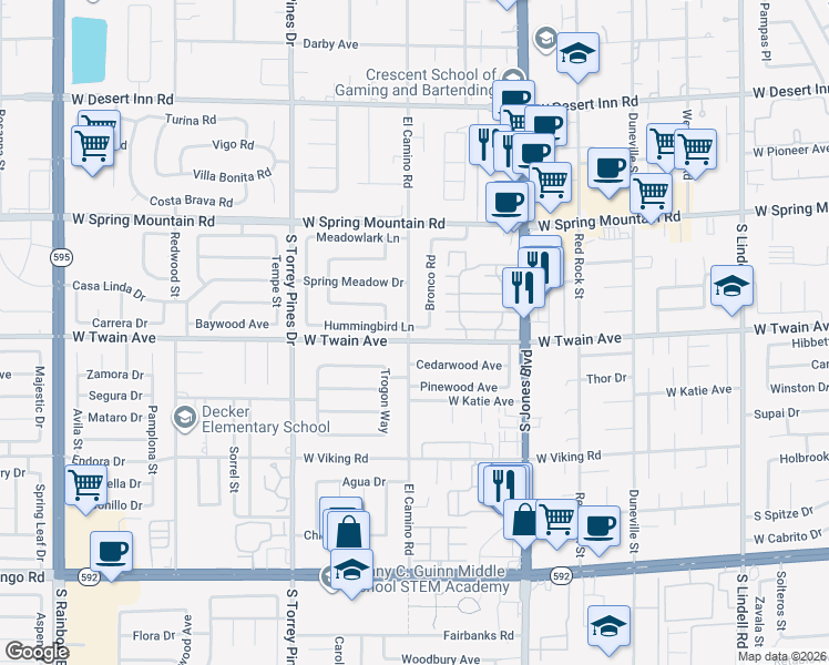 map of restaurants, bars, coffee shops, grocery stores, and more near 6263 West Twain Avenue in Las Vegas