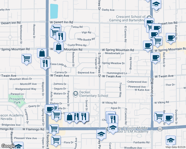 map of restaurants, bars, coffee shops, grocery stores, and more near 3720 Lemonwood Circle in Las Vegas