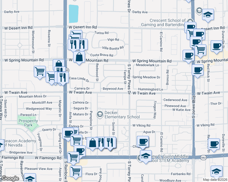 map of restaurants, bars, coffee shops, grocery stores, and more near 3717 Limewood Circle in Las Vegas