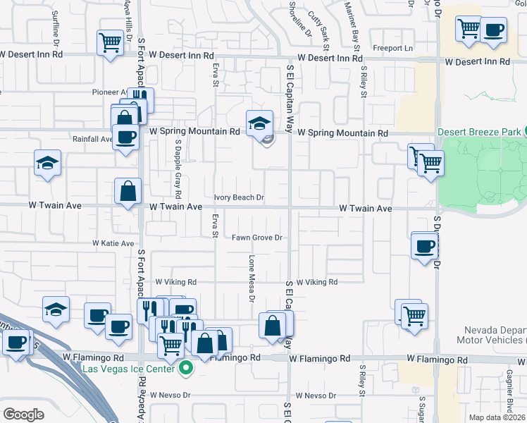 map of restaurants, bars, coffee shops, grocery stores, and more near 3742 Lone Mesa Drive in Las Vegas