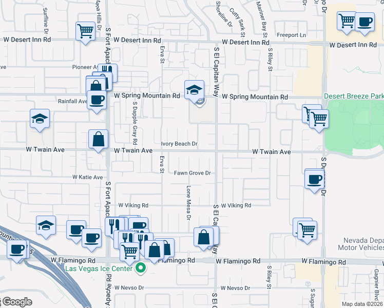 map of restaurants, bars, coffee shops, grocery stores, and more near 3742 Lone Mesa Drive in Las Vegas