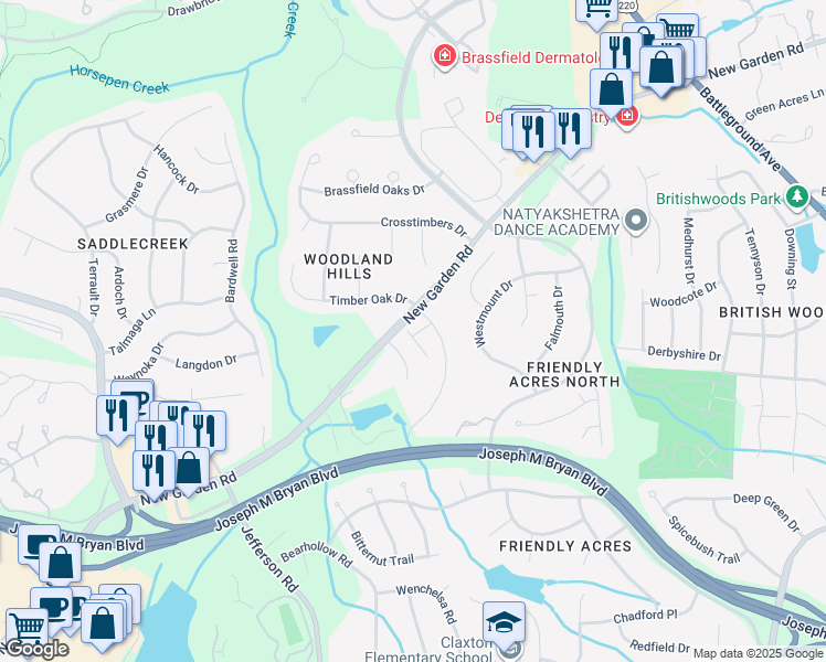 map of restaurants, bars, coffee shops, grocery stores, and more near 1909 Strathmore Drive in Greensboro