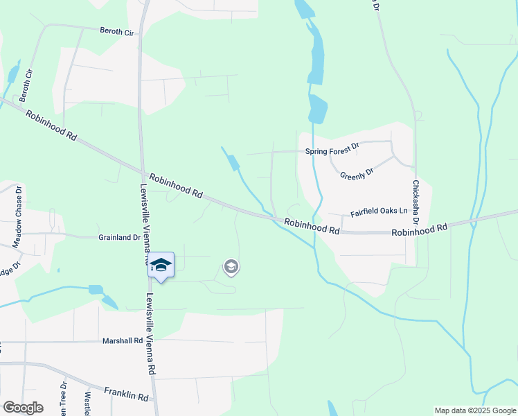 map of restaurants, bars, coffee shops, grocery stores, and more near 1304 Robinhood Forest Drive in Lewisville