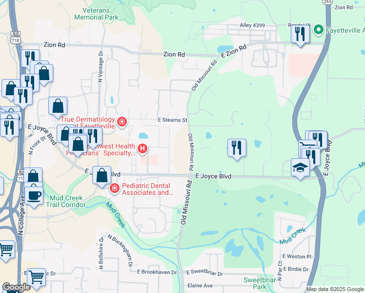 map of restaurants, bars, coffee shops, grocery stores, and more near 3800-3898 N Park Oaks Dr in Fayetteville
