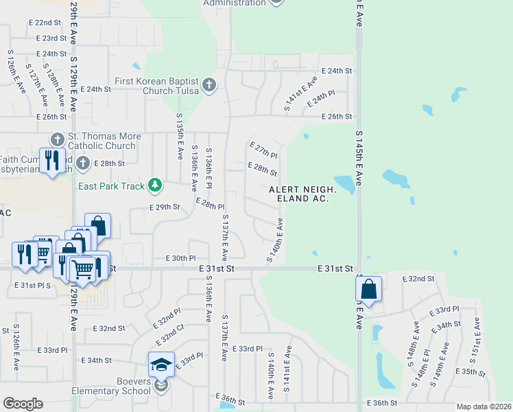 map of restaurants, bars, coffee shops, grocery stores, and more near 13823 East 29th Place in Tulsa