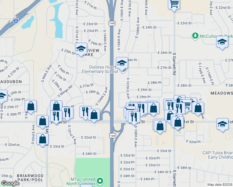 map of restaurants, bars, coffee shops, grocery stores, and more near 2920 South 106th East Avenue in Tulsa