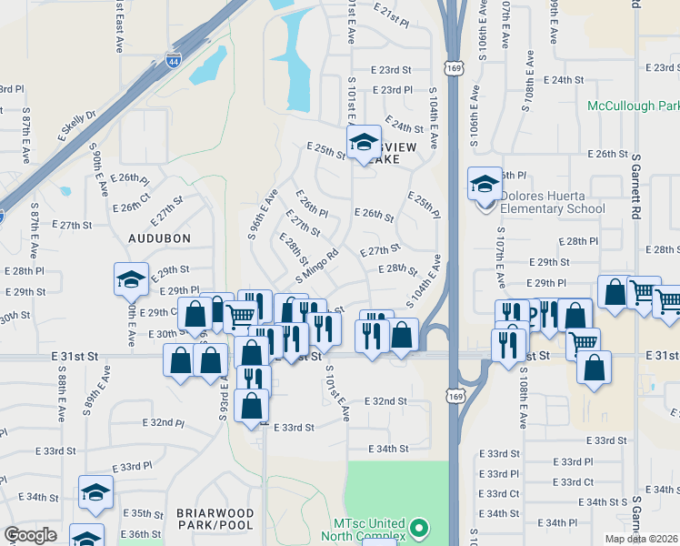 map of restaurants, bars, coffee shops, grocery stores, and more near 10008 East 28th Street in Tulsa