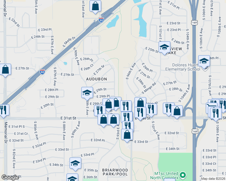 map of restaurants, bars, coffee shops, grocery stores, and more near 2927 South 94th East Avenue in Tulsa