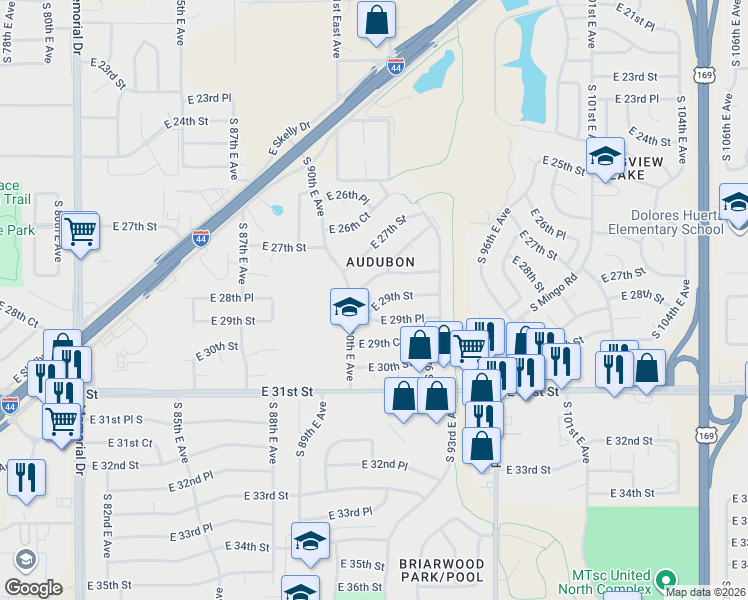 map of restaurants, bars, coffee shops, grocery stores, and more near 9011 East 29th Place in Tulsa