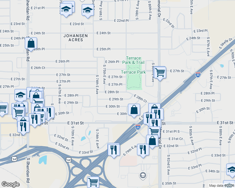 map of restaurants, bars, coffee shops, grocery stores, and more near 7474 East 29th Street in Tulsa