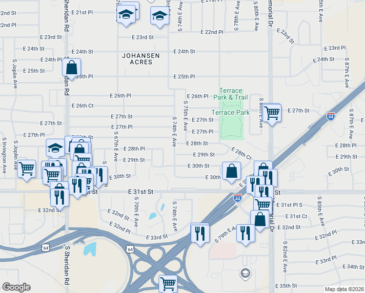 map of restaurants, bars, coffee shops, grocery stores, and more near 7404 East 29th Street in Tulsa