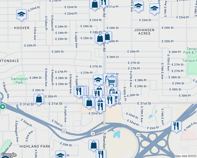 map of restaurants, bars, coffee shops, grocery stores, and more near 6305 East 30th Street in Tulsa