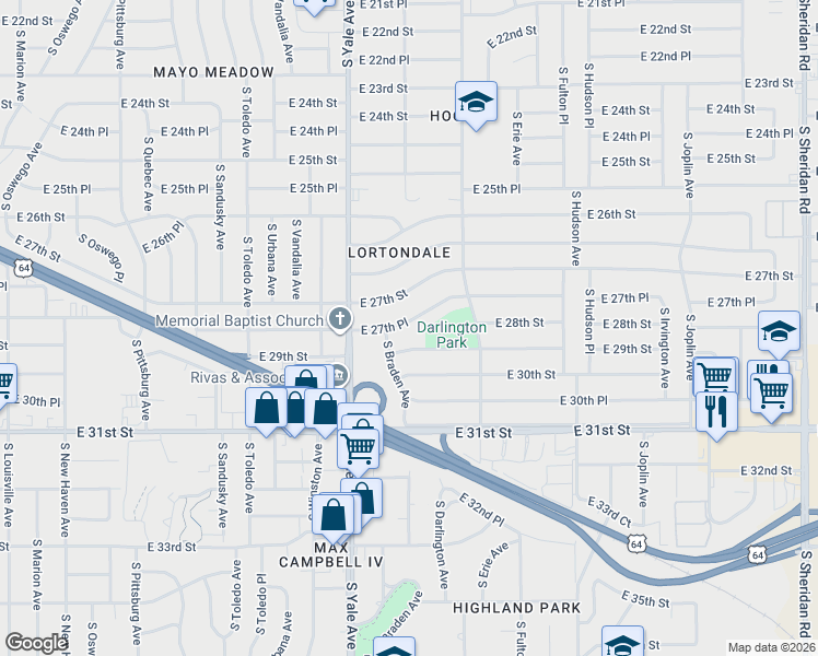 map of restaurants, bars, coffee shops, grocery stores, and more near 5111 East 29th Street in Tulsa