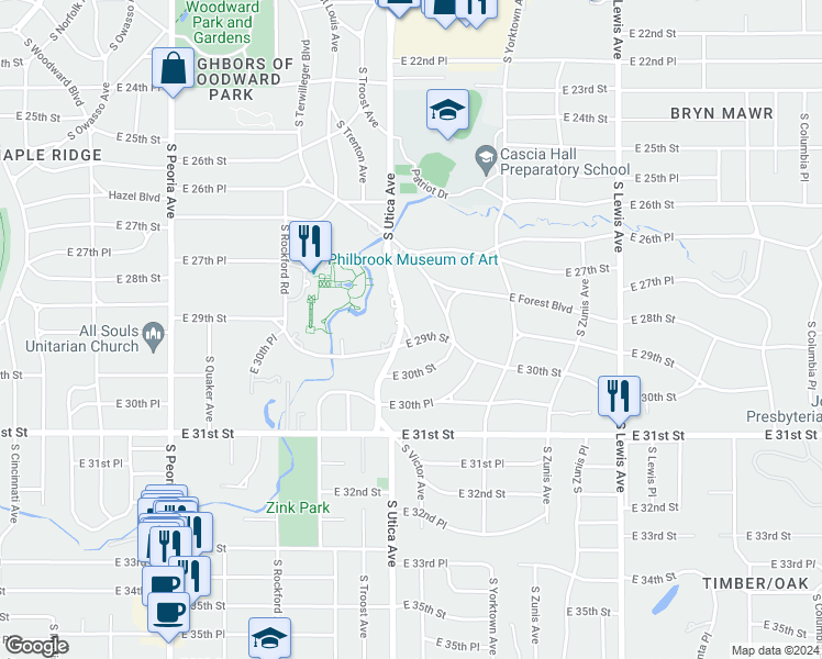 map of restaurants, bars, coffee shops, grocery stores, and more near 2894 South Utica Avenue in Tulsa