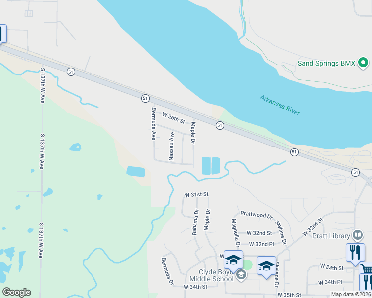 map of restaurants, bars, coffee shops, grocery stores, and more near 2807 Bahama Avenue in Sand Springs