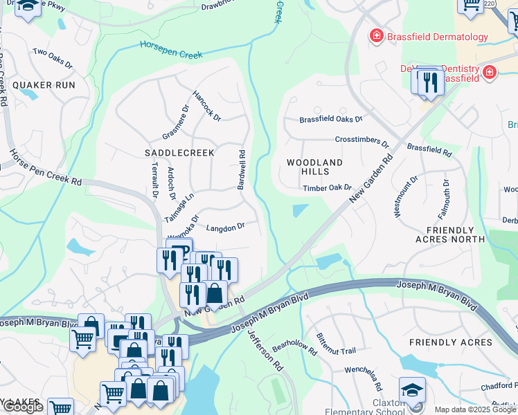 map of restaurants, bars, coffee shops, grocery stores, and more near 2804 Bardwell Road in Greensboro