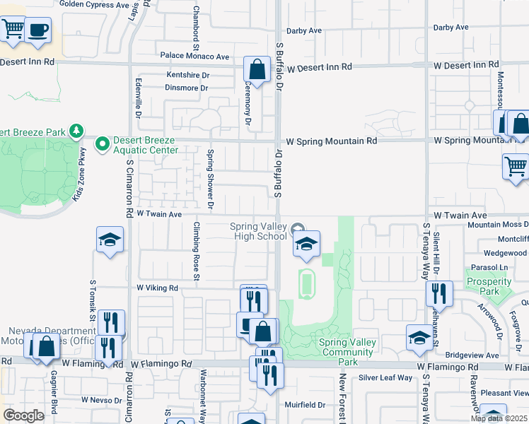 map of restaurants, bars, coffee shops, grocery stores, and more near 3691 Springbud Drive in Las Vegas
