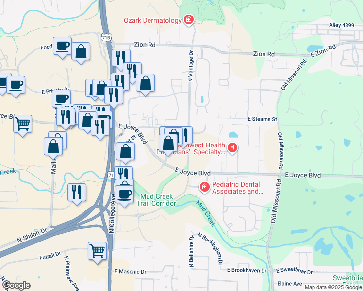 map of restaurants, bars, coffee shops, grocery stores, and more near 1460 East Augustine Lane in Fayetteville