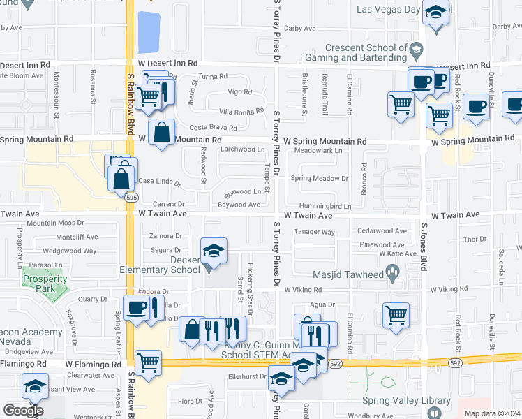 map of restaurants, bars, coffee shops, grocery stores, and more near 6545 Baywood Avenue in Las Vegas