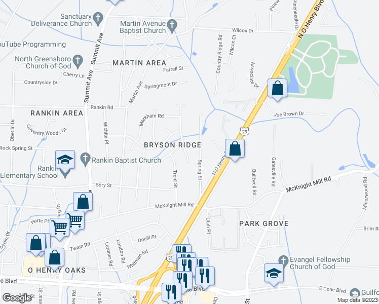 map of restaurants, bars, coffee shops, grocery stores, and more near 3208 Presley Way in Greensboro