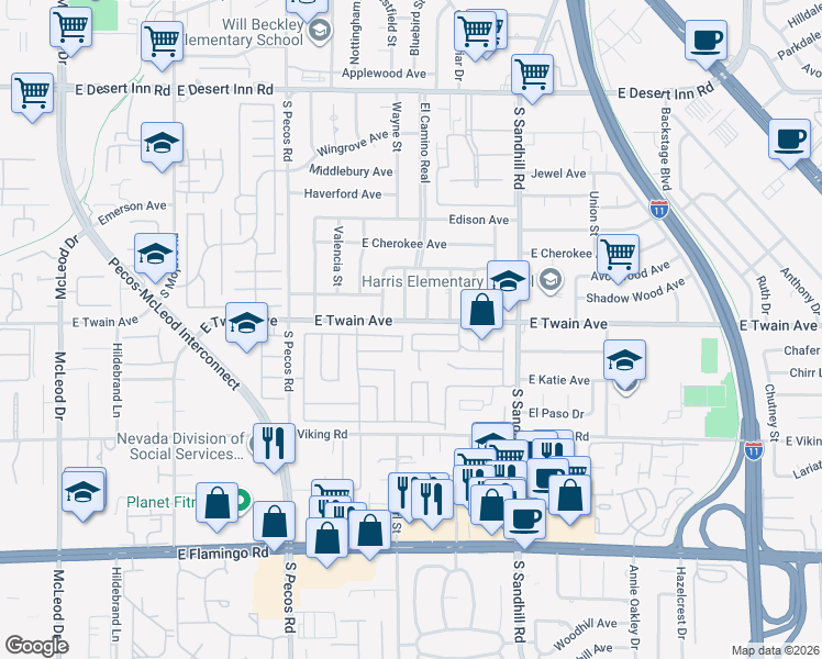map of restaurants, bars, coffee shops, grocery stores, and more near 3584 Newland Avenue in Las Vegas