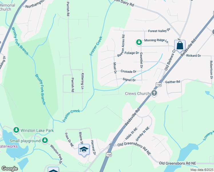 map of restaurants, bars, coffee shops, grocery stores, and more near 3648 Signet Drive in Winston-Salem