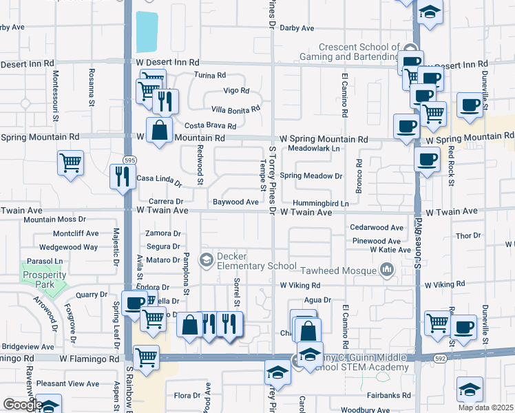 map of restaurants, bars, coffee shops, grocery stores, and more near 6545 Baywood Avenue in Las Vegas