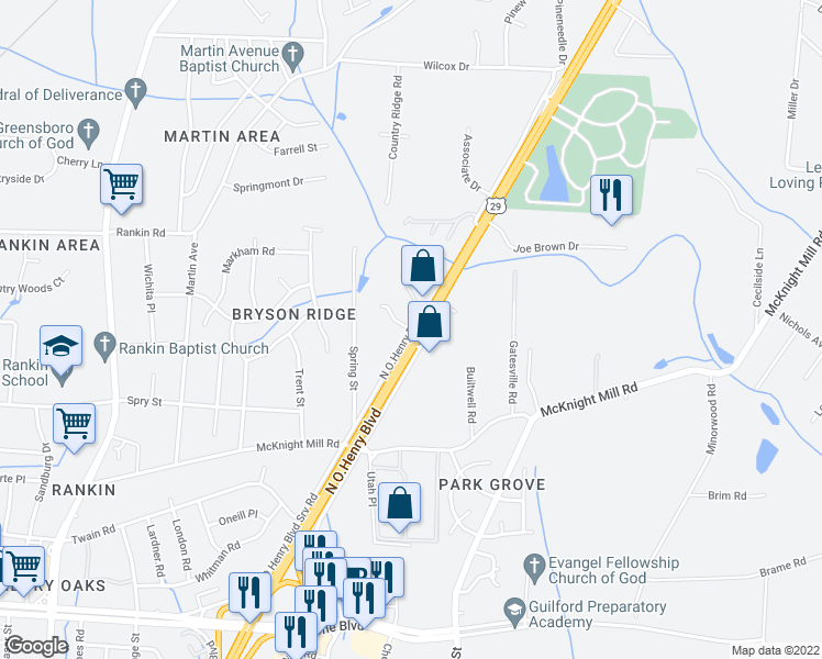 map of restaurants, bars, coffee shops, grocery stores, and more near 3400 Terry Street in Greensboro