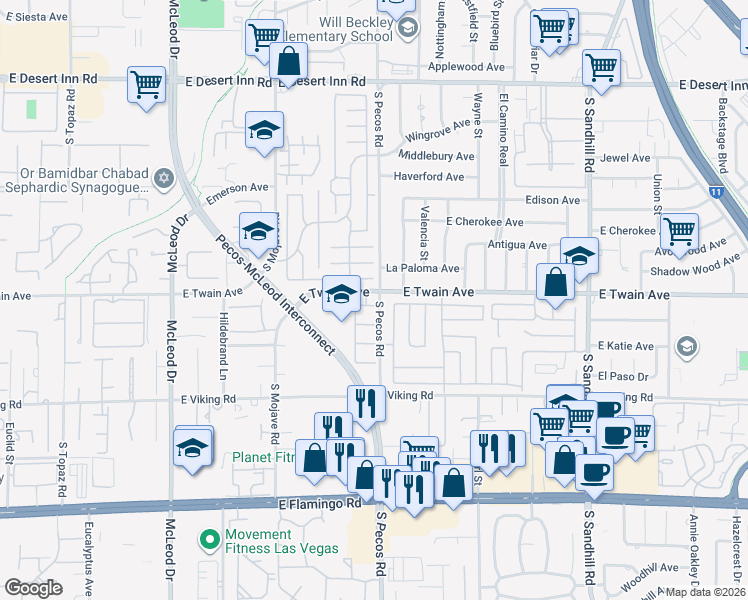 map of restaurants, bars, coffee shops, grocery stores, and more near 3392 South Pecos Road in Las Vegas
