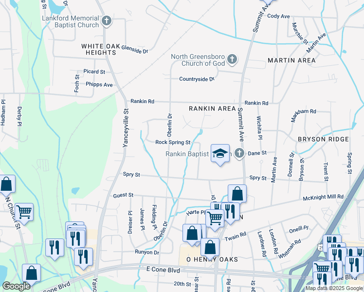 map of restaurants, bars, coffee shops, grocery stores, and more near 1532 Rock Spring Street in Greensboro