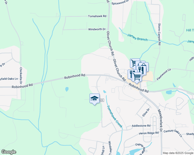 map of restaurants, bars, coffee shops, grocery stores, and more near 5474 Robinhood Road in Winston-Salem