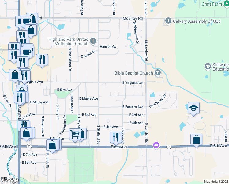 map of restaurants, bars, coffee shops, grocery stores, and more near St. James Creek Court in Stillwater