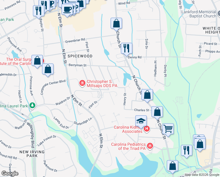 map of restaurants, bars, coffee shops, grocery stores, and more near 3602 Calvert Street in Greensboro