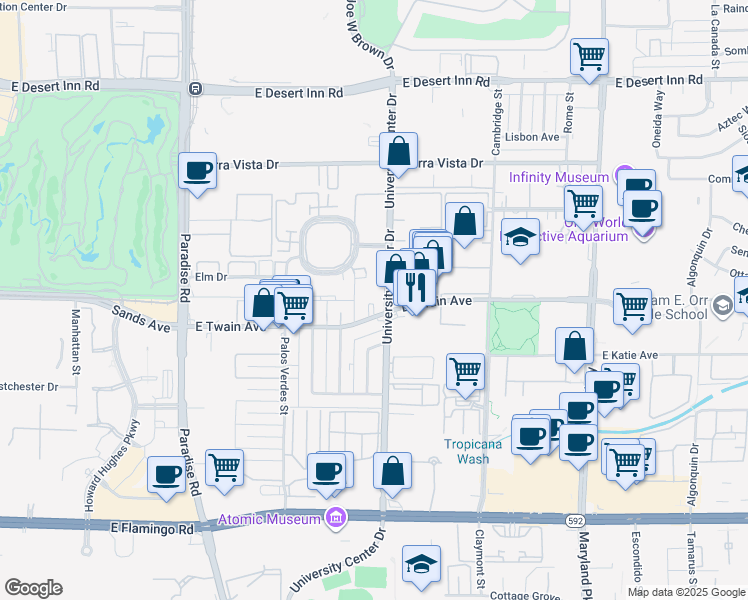 map of restaurants, bars, coffee shops, grocery stores, and more near 815 East Twain Avenue in Las Vegas