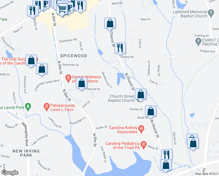 map of restaurants, bars, coffee shops, grocery stores, and more near 3615 Sherbourne Lane in Greensboro