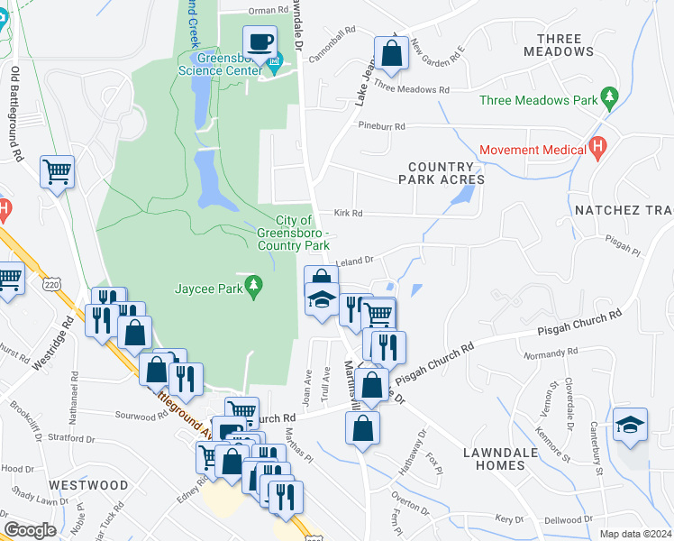 map of restaurants, bars, coffee shops, grocery stores, and more near 3822 Lawndale Drive in Greensboro