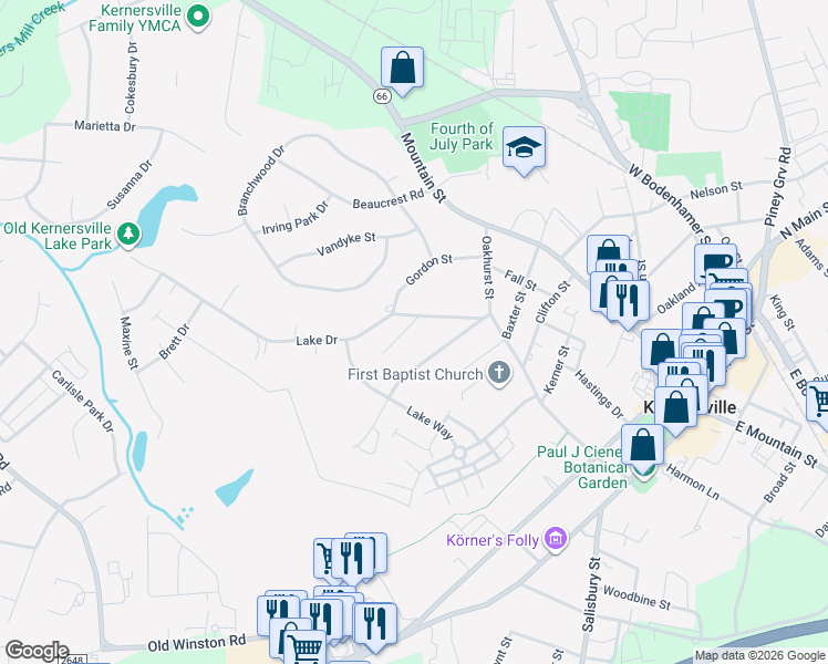 map of restaurants, bars, coffee shops, grocery stores, and more near 405 Sunset Drive in Kernersville