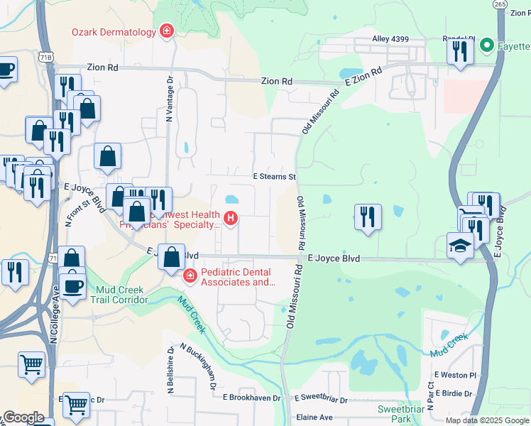 map of restaurants, bars, coffee shops, grocery stores, and more near 3900 Parkview Drive in Fayetteville