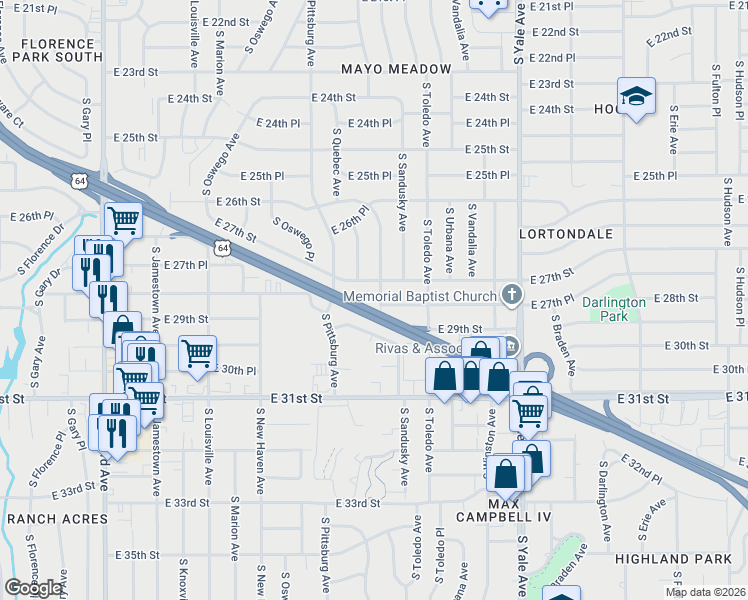 map of restaurants, bars, coffee shops, grocery stores, and more near 4301 East Broken Arrow Ex South in Tulsa