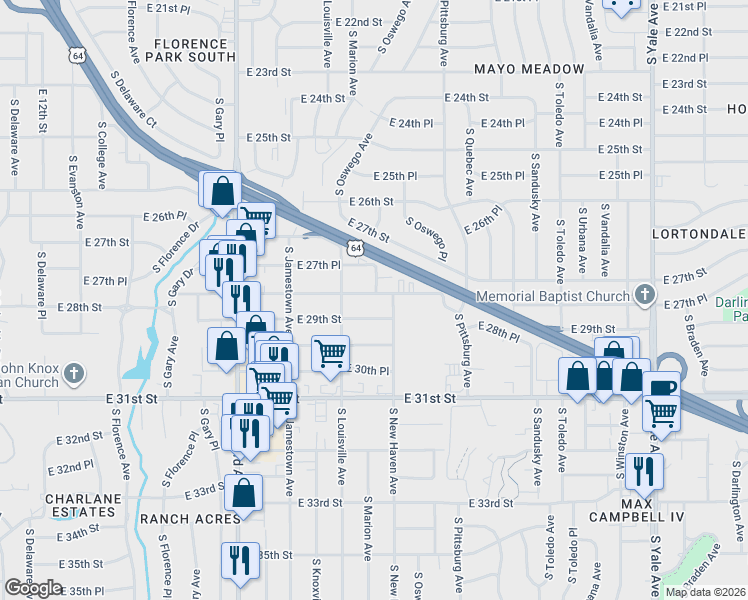 map of restaurants, bars, coffee shops, grocery stores, and more near 3742 East 29th Street in Tulsa