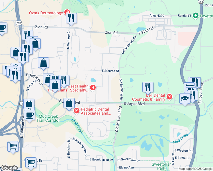 map of restaurants, bars, coffee shops, grocery stores, and more near 2034 East Parkshore Drive in Fayetteville